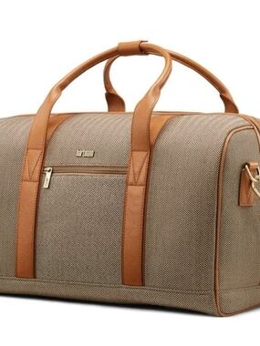 Leather-Trim Brown Herringbone Duffel Bag - Hartmann Luggage